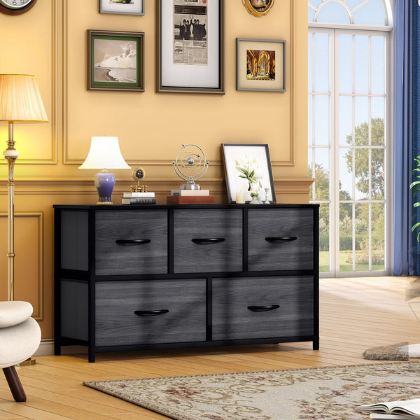 CONCETTA 5 Fabric Dresser with 5 Storage Drawers, TV Stand with Wooden Top Metal Frame for Clothes, Living Room, Hallway, Entryway