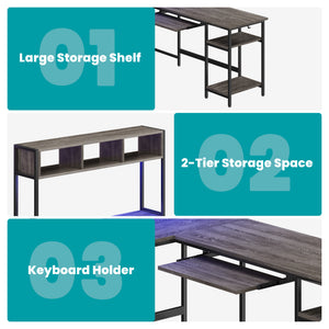 67" Reversible L-Shaped Desk with LED Lights, Power Outlets, Drawer, Keyboard Tray & Hutch