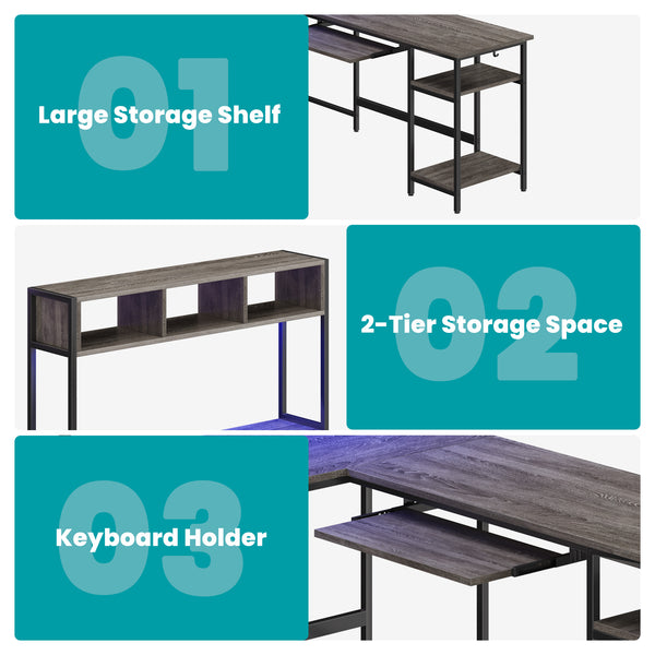 67" Reversible L-Shaped Desk with LED Lights, Power Outlets, Drawer, Keyboard Tray & Hutch