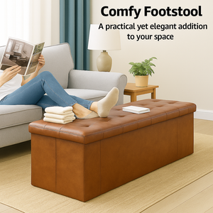 CONCETTA 43" Storage Ottoman Bench, Foldable Storage Chest, End of Bed Foot Stool with Padded Seat, Bedroom Bench, Support 660lbs, PVC Brown
