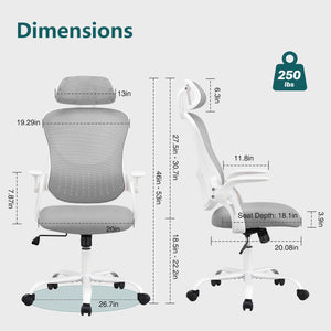 CONCETTA Ergonomic office chair - high back with wheels, adjustable headrest and flip-up armrests for bedroom, study, living room, office