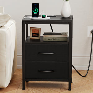 CONCETTA Small Nightstand with Charging Station, 2 Fabric Drawer, End Table with USB Ports and Outlets for Bedroom, Black，Black Brown，Rustic Brown，White