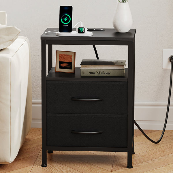 CONCETTA Small Nightstand with Charging Station, 2 Fabric Drawer, End Table with USB Ports and Outlets for Bedroom, Black，Black Brown，Rustic Brown，White