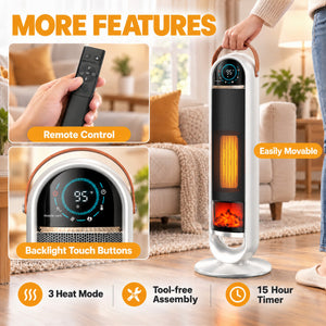SHOUFTW 1500W Tower Space Heater for Indoor Use, Electric Heater with Static Simulated Flame, 45° Oscillation, Child Lock, Overheat & Tip-Over Safety