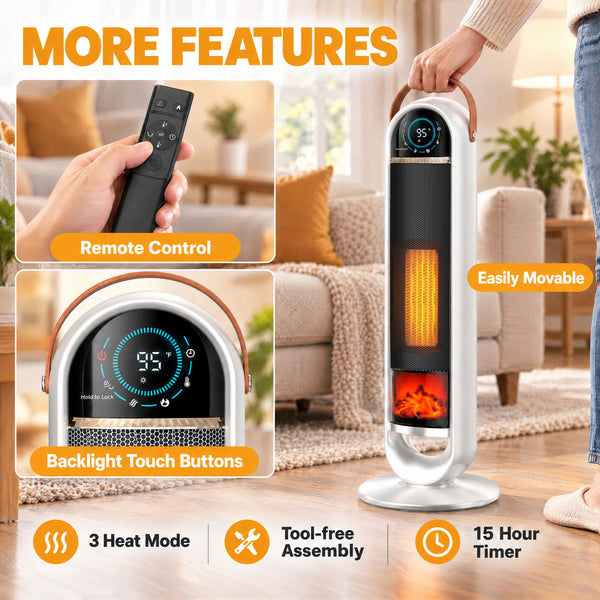 SHOUFTW 1500W Tower Space Heater for Indoor Use, Electric Heater with Static Simulated Flame, 45° Oscillation, Child Lock, Overheat & Tip-Over Safety