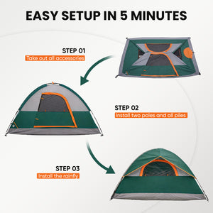 SHOUFTW 2-4 Person Waterproof Camping Tent with Rainfly, Easy Setup Dome Tent with Mesh Windows & Skylight Vent, Lightweight Portable Tent for Outdoor Camping, Hiking, Festivals & Backyard