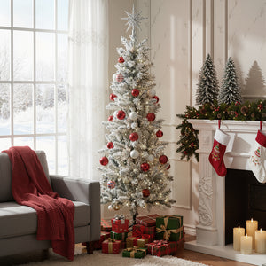 MCQ Flocked Pencil Christmas Tree - Festive Pre-Lit Artificial Decor with Durable Metal Base and lighted