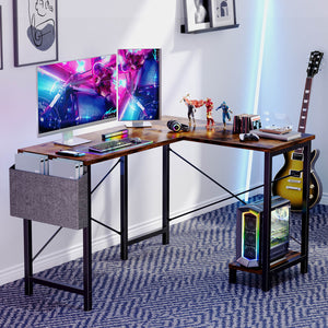 CONCETTA L-Shaped Computer Desk - 50" Corner Gaming Table with Console Shelf and Side Storage Pocket for Office, Bedroom, Living Room