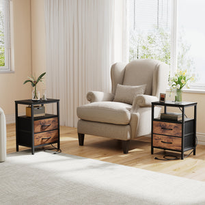 CONCETTA Small Nightstand with Charging Station, 2 Fabric Drawer, End Table with USB Ports and Outlets for Bedroom, Black，Black Brown，Rustic Brown，White
