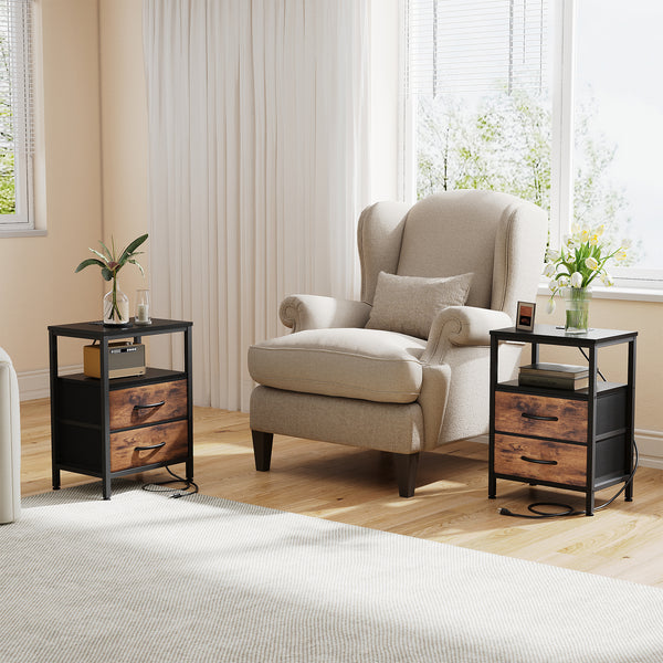 CONCETTA Small Nightstand with Charging Station, 2 Fabric Drawer, End Table with USB Ports and Outlets for Bedroom, Black，Black Brown，Rustic Brown，White