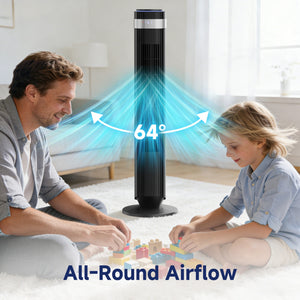 SHOUFTW Tower Fan Standing Bladeless, 23ft/s Velocity Quiet, 64° Oscillating with 5 Speeds, 4 Modes, 12H Timer for Indoor Bedroom