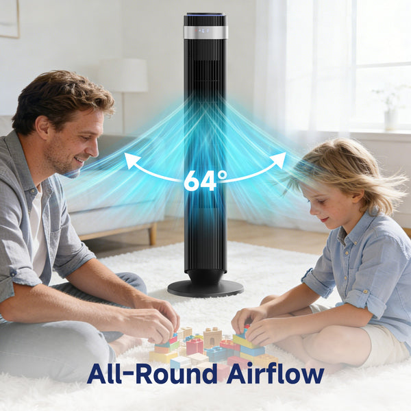 SHOUFTW Tower Fan Standing Bladeless, 23ft/s Velocity Quiet, 64° Oscillating with 5 Speeds, 4 Modes, 12H Timer for Indoor Bedroom