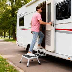 Foldable car wash stool with carrying handle and non-slip platform, single-step rubber foot ladder, supports up to 330 lbs, sturdy metal folding stool, suitable for RVs, trucks, home kitchen