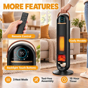 SHOUFTW 1500W Tower Space Heater for Indoor Use, Electric Heater with Static Simulated Flame, 45° Oscillation, Child Lock, Overheat & Tip-Over Safety