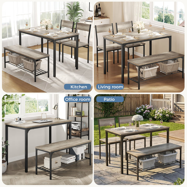 CONCETTA Dining Table Set with 1 Table, 2 Chairs, Dining Bench with Metal Frame & Storage Rack for Small Spaces, Kitchen, Apartment