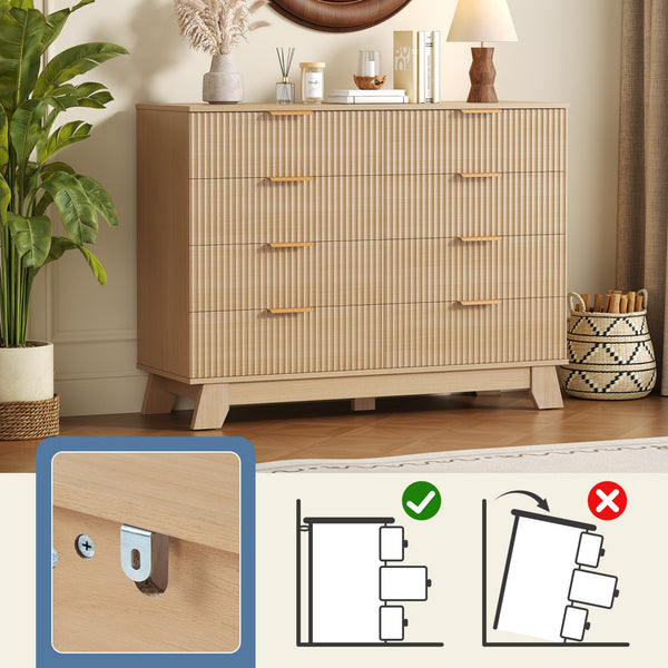 CONCETTA Modern Fluted Dresser for Bedroom, Wide Chest of Drawers with Metal Handles, Wood Storage Organizer for Living Room Bedroom Hallway, Natural Oak