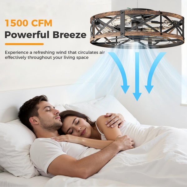 SHOUFTW Bladeless Farmhouse Flush Mount Ceiling Fan with Lights, Remote Control Rustic Low Profile Caged Quiet Fandelier for Bedroom Kitchen