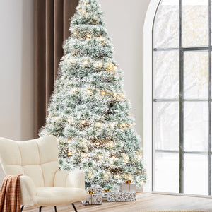 Artificial Full Christmas Tree, Flocked Snow Trees with Pine Cone Decoration, Includes Stand, Incandescent Lights & Foldable Base for Home, Office, Party
