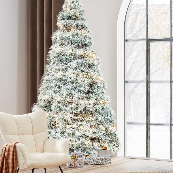 Artificial Full Christmas Tree, Flocked Snow Trees with Pine Cone Decoration, Includes Stand, Incandescent Lights & Foldable Base for Home, Office, Party
