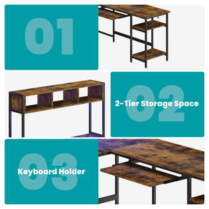 67 inch Reversible L-Shaped Desk with LED Lights, Power Outlets, Drawer, Keyboard Tray & Hutch
