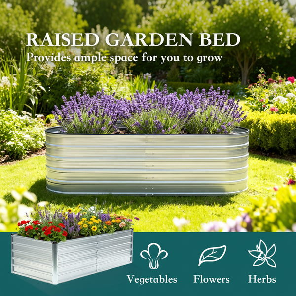 CONCETTA Galvanized Raised Garden Bed Kit with Safe Rubber Edging, Oval Metal Planter Box for Vegetables, Flowers, Herbs for Outdoor Gardening