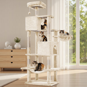 CONCETTA 66in Multi Level Cat Tree Tower,Cat Scratching Posts with Large Top Perch and Hammock, Beige