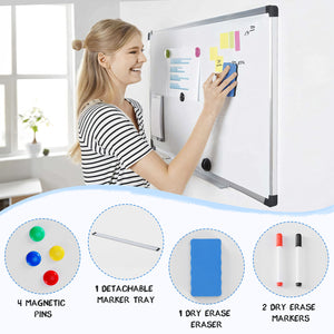 CONCETTA Dumos Magnetic Dry Erase Board - 36x24in, Dual Mount, Removable Pen Tray, Silver Frame, White