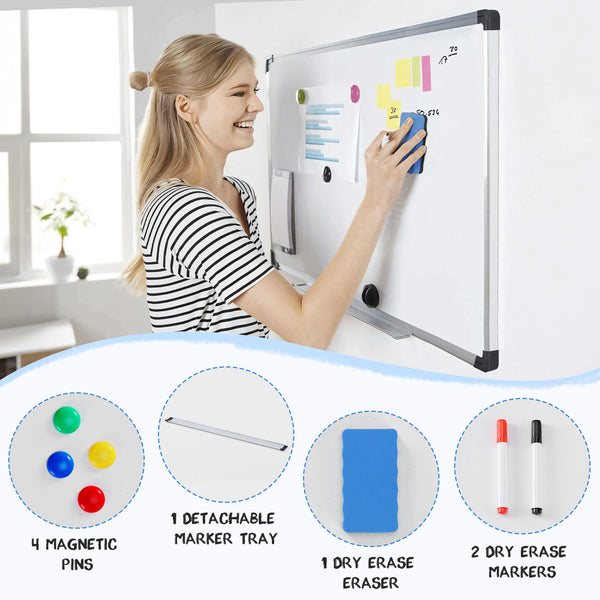 CONCETTA Dumos Magnetic Dry Erase Board - 36x24in, Dual Mount, Removable Pen Tray, Silver Frame, White