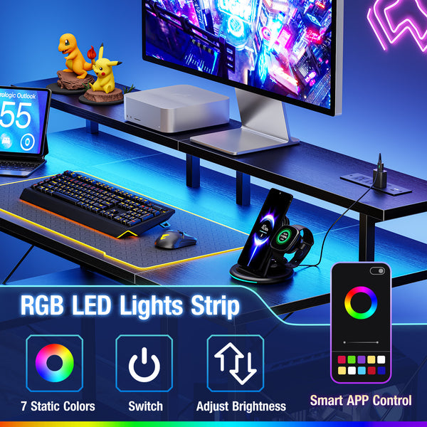 CONCETTA 48" Computer Gaming Desk with LED Light, Power Outlet, Monitor Stand, Headphone Hook