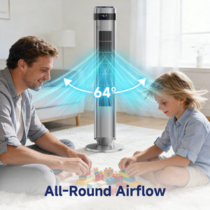 SHOUFTW Tower Fan Standing Bladeless, 23ft/s Velocity Quiet, 64° Oscillating with 5 Speeds, 4 Modes, 12H Timer for Indoor Bedroom