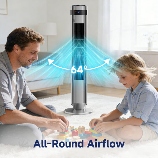 SHOUFTW Tower Fan Standing Bladeless, 23ft/s Velocity Quiet, 64° Oscillating with 5 Speeds, 4 Modes, 12H Timer for Indoor Bedroom