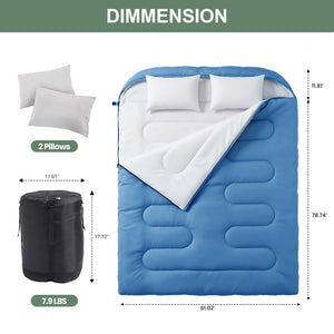 CONCETTA Lightweight Double Sleeping Bag for Adults in Cold & Warm Weaher, Waterproof & Machine Washable for Camping/Backpacking/Hiking