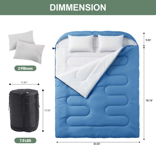 CONCETTA Lightweight Double Sleeping Bag for Adults in Cold & Warm Weaher, Waterproof & Machine Washable for Camping/Backpacking/Hiking