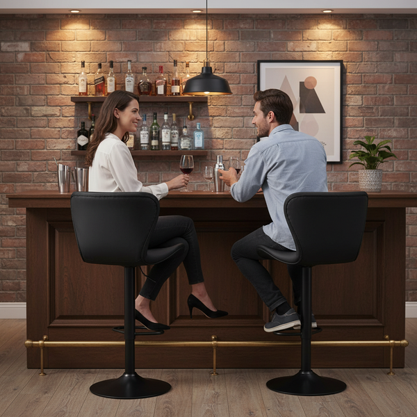 Set of 2 Swivel Bar Stools - Adjustable Height Modern Faux Leather Barstools Counter Bar Chairs with Backrest for Kitchen Island & Home Bar, Black