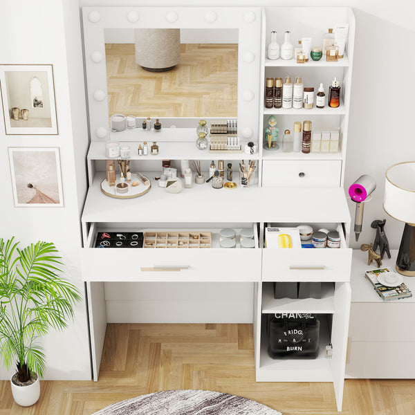 CONCETTA Modern Adult Vanity Desk 1 Piece with Mirror, Power Outlet and Lights, White Table Set