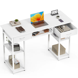 JOINSUN 32/48 Inch Small Desk with Fabric Drawers & Storage Bag Iron Hook, Computer Desk,White Vanity Desk with Storage for Bedroom
