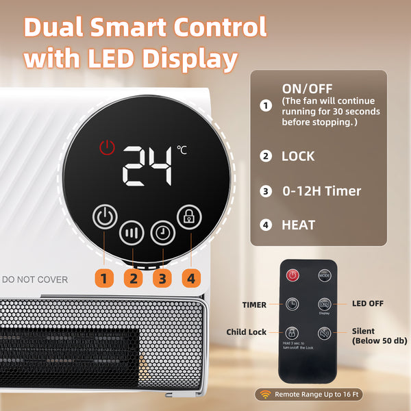 CONCETTA 1500W Wall-mount Electric Space Heater with 3 Mode 40-95°F Thermostat, 12H Timer, Child Lock, Low Noise for Bedrooms, Indoor