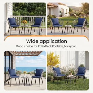 CONCETTA 3 Piece Outdoor Patio Furniture Set, Wicker Bistro Chairs with Glass Top Table for Apartment Balcony, Small Backyard, Porch and Deck