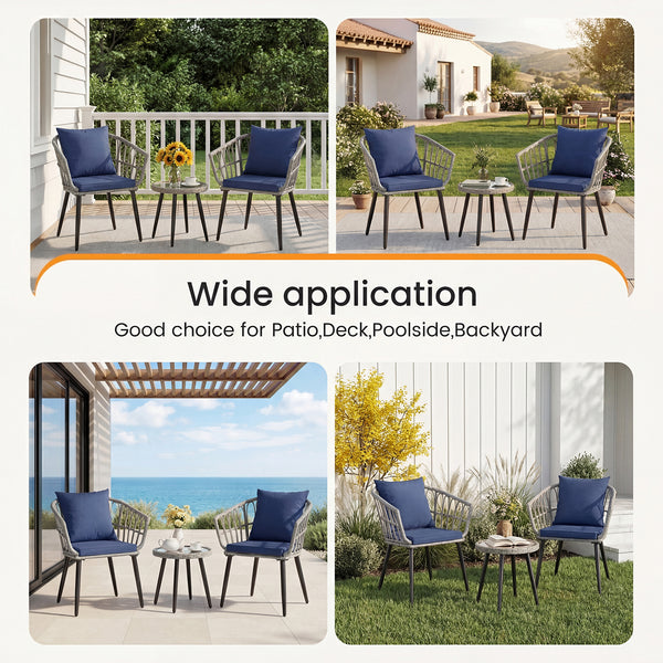 CONCETTA 3 Piece Outdoor Patio Furniture Set, Wicker Bistro Chairs with Glass Top Table for Apartment Balcony, Small Backyard, Porch and Deck