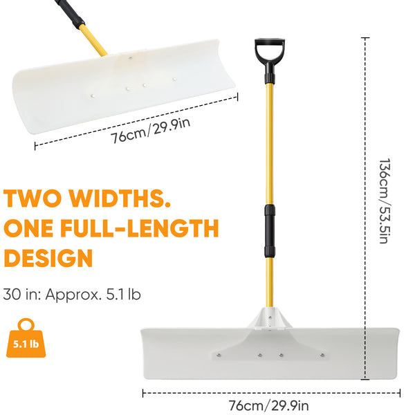 CONCETTA 30"/36" Snow Pusher, Wide Snow Plow Shovel with Non-Stick Poly Blade, Reinforced Metal Handle, Heavy-Duty Winter Removal Tool for Driveways & Sidewalks, White