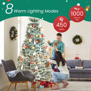 Artificial Full Christmas Tree, Flocked Snow Trees with Pine Cone Decoration, Includes Stand, Incandescent Lights & Foldable Base for Home, Office, Party