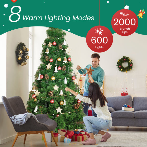 Artificial Full Christmas Tree, Flocked Snow Trees with Pine Cone Decoration, Includes Stand, Incandescent Lights & Foldable Base for Home, Office, Party