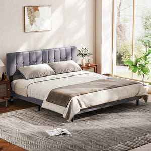 CONCETTA Grey Soft-Padded Bed, Grey Linen Sponge, Metal Frame, Full