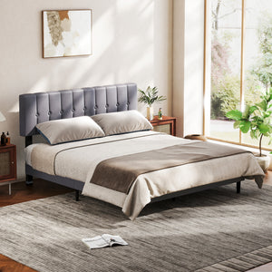 CONCETTA Grey Soft-Padded Bed, Grey Linen Sponge, Metal Frame, Full