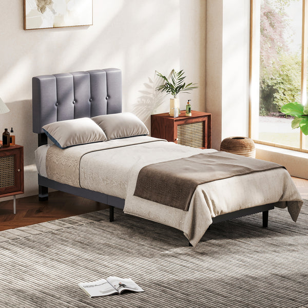 CONCETTA Grey Soft-Padded Bed, Grey Linen Sponge, Metal Frame, Full