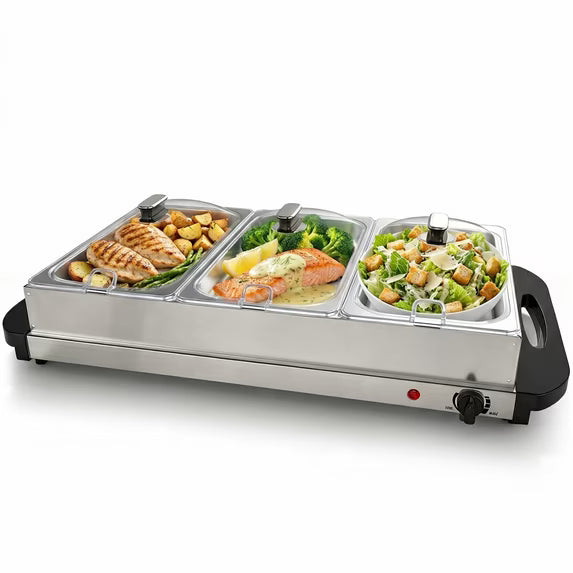 SHOUFTW Stainless Steel Electric Warming Tray with Tempered Glass Top, Adjustable Temperature Control, 200W Food Warmer for Parties, Holidays & Catering