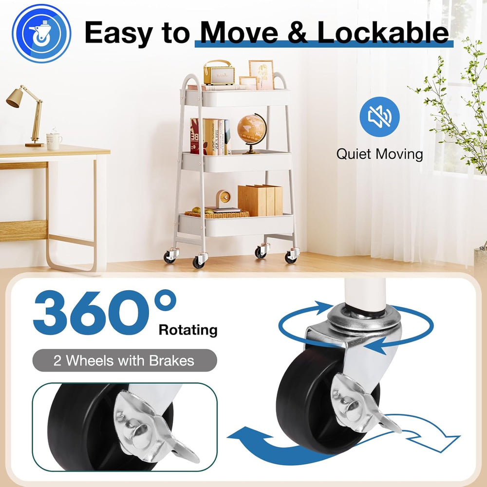 CONCETTA 3 Tier Utility Rolling Cart, Metal Mobile Storage Shelf with Lockable Caster Wheels, Organization for Livingroom, Bathroom & Kitchen, Gray