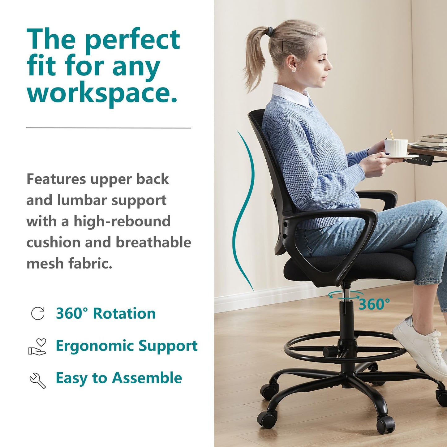 CONCETTA Ergonomic Office Home Desk Mesh Fixed Armrest