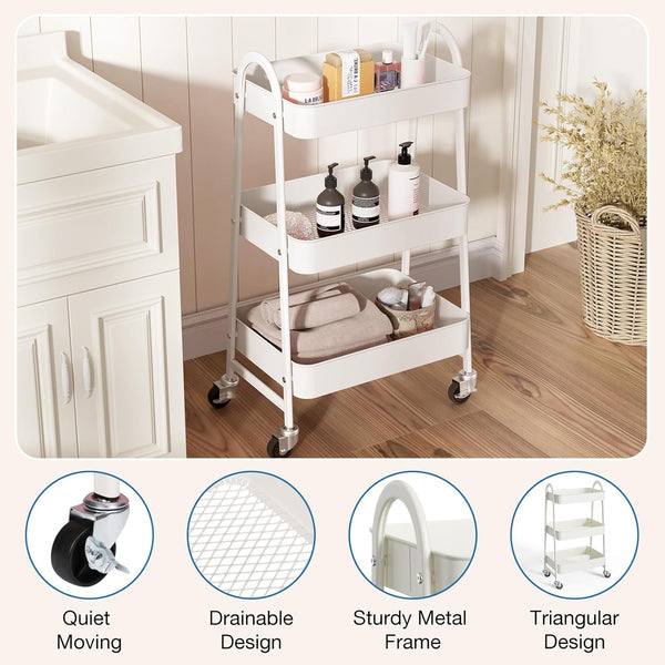 CONCETTA 3 Tier Utility Rolling Cart, Metal Mobile Storage Shelf with Lockable Caster Wheels, Organization for Livingroom, Bathroom & Kitchen, Gray