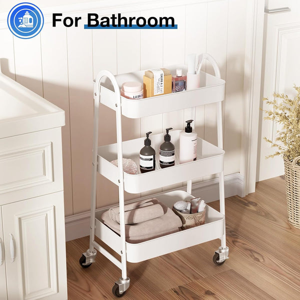 CONCETTA 3 Tier Utility Rolling Cart, Metal Mobile Storage Shelf with Lockable Caster Wheels, Organization for Livingroom, Bathroom & Kitchen, Gray
